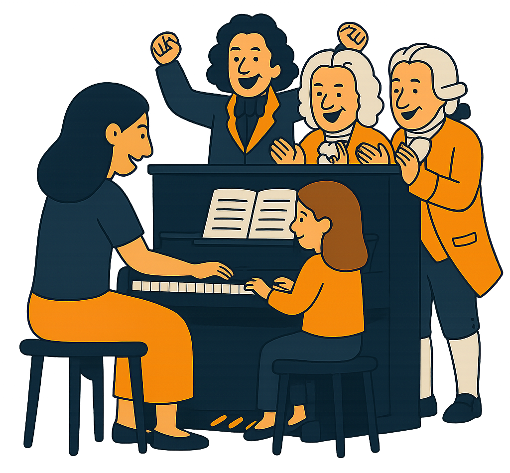 Piano lesson with classical composers cheering