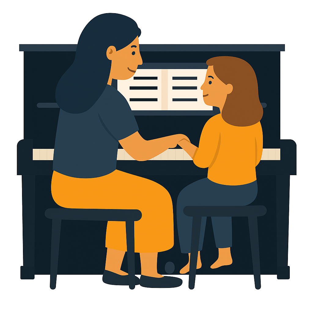 Piano teacher and student at piano